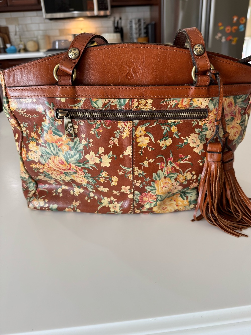 Patricia Nash Brown Floral Leather Shoulder Bag with Tassel